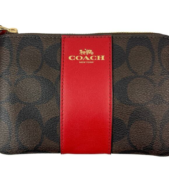 NEW Coach Brown Red Corner Zip Signature Canvas Wristlet Purse Wallet Small - Picture 3 of 4